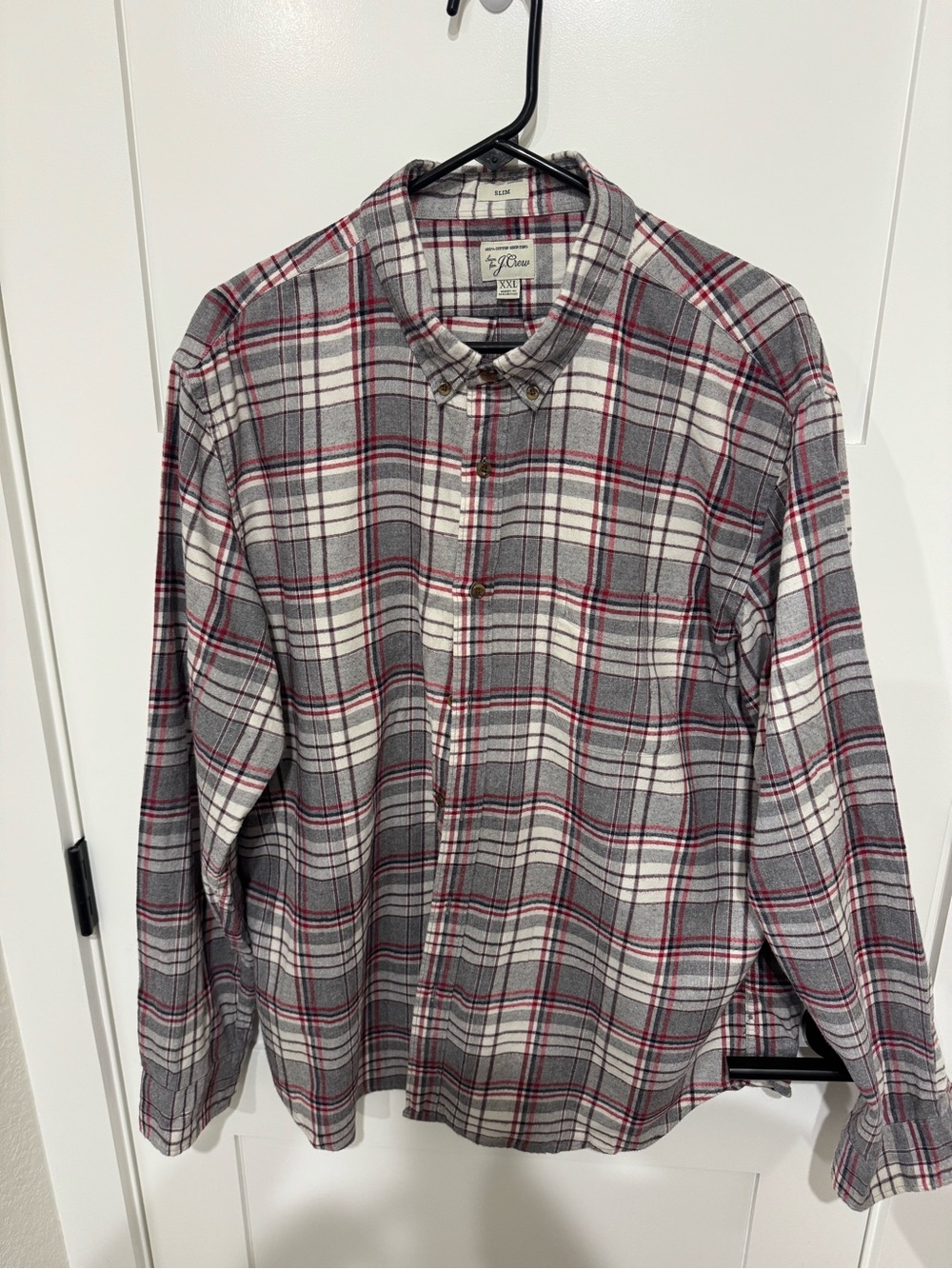 J. Crew Gray and White Plaid Button-Down Shirt with Red Stripe